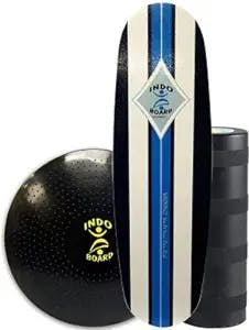 INDO BOARD Mini Pro Balance Board Training Package - 4 Color Choices - for Snowboarders, Wakesurfers - 39" X 15" Deck, 8.5" Diameter Roller and 24" Diameter Cushion