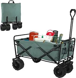 AthLike Heavy Duty Steel Collapsible Folding Wagon, 270LBS Outdoor Beach Garden Utility Wagon Cart w/7'' All Terrain Wheels, Portable Adjustable Handle Camping Cart with Carry Bag & Cup Holders, Green