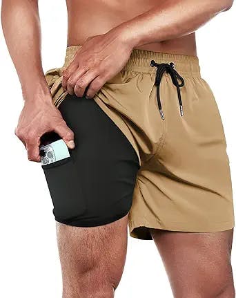 BRISIRA Mens Swim Trunks Swim Shorts Quick Dry 5 inch Inseam Beach Shorts with Compression Liner and Zipper Pocket