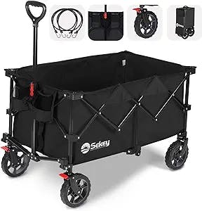Sekey Collapsible Foldable Wagon with 220lbs Weight Capacity, Heavy Duty Folding Utility Garden Cart with Big All-Terrain Beach Wheels & Drink Holders. Black