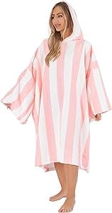 Dreamscene Striped Poncho Towel Adult Hooded Oversized Bath Beach Surf Absorbent Microfiber Quick Dry Womens Changing Robe, Blush Pink