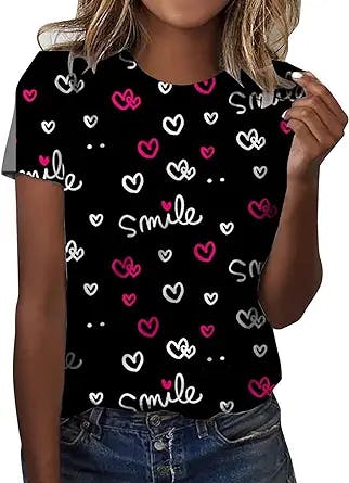 Valentine's Day Shirt for Women Love Heart Print Tshirt Funny Graphic Tees T-Shirts Casual Short Sleeve Holiday Tops