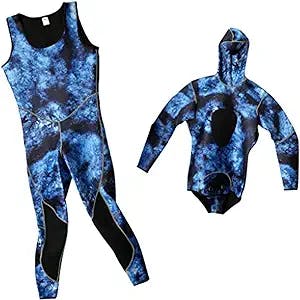 Blue Camo Diving Surfing Wetsuits, Men 3mm Neoprene 2 Piece Hooded Top & Jumpsuit, Spearfishing Underwater Workout Suits