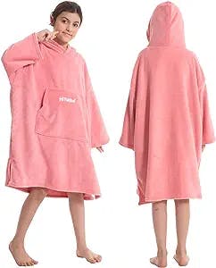 Hiturbo Kids Changing Robe, Plush Wearable Blanket, Soft Swim Towels, Warm Surf Poncho, Cozy Fleece Hoodie, Bath Cover up with Front Pocket for 5-12 Years (Pink)