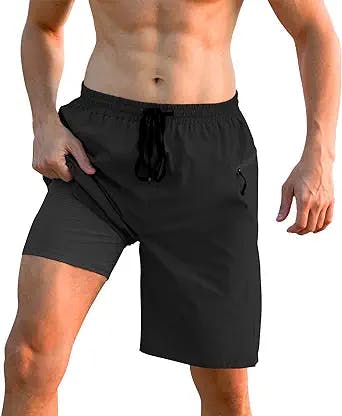 Cozople Mens Swim Trunks with Compression Liner 2 in 1 Board Shorts 9 Inch Quick Dry Swimming Trunks with Zipper Pockets