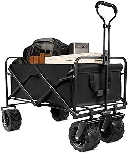 Patio Watcher Collapsible Utility Wagon Cart | All Terrain Big Wheels for Outdoor Garden, Beach, Camping, Groceries, Sports | Large Capacity | Heavy Duty | Black
