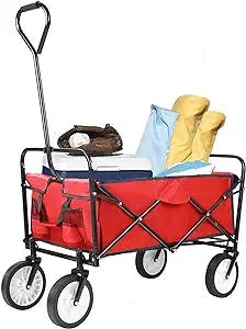 AthLike Collapsible Heavy-Duty Wagon, Portable Folding Utility Canvas Cart, with 2 Cup Holders, for Outdoor, Groceries, Garden, Shopping, Camping, Sport, Beach, Weight Capacity 150 LBS, 262L (RED)