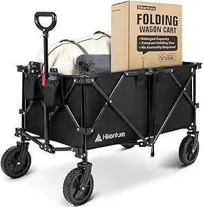 Hikenture Folding Wagon Cart, Portable Large Capacity Beach Wagon, Heavy Duty Utility Collapsible Wagon with All-Terrain Wheels, Outdoor Garden Cart Foldable Wagon for Sports, Shopping, Camping(Black)