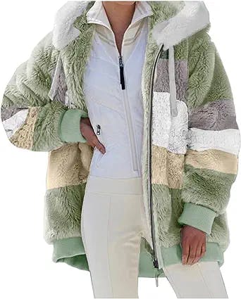 Women's Fluffy Zipper Oversized Sweatshirt Tops Pocket Casual Fuzzy Fleece Shearling Hoodies Jacket Coat