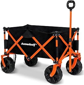 Aomedeelf Beach Wagon, Collapsible Wagon with 220 Pounds Capacity, Wagons Carts Heavy Duty Foldable, Folding Wagon with 8 Inch Wheels, Black and Orange