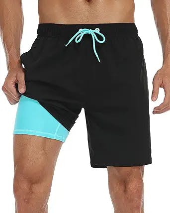 Nonwe Mens Swim Trunks with Compression Liner Quick Dry Hawaiian Bathing Suits 2 in 1 Board Shorts with Pockets