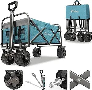 Sekey Collapsible Foldable Wagon with 220lbs Weight Capacity, Heavy Duty Folding Garden Cart with Big Beach Brake Wheels & Drink Holders.Light Blue.