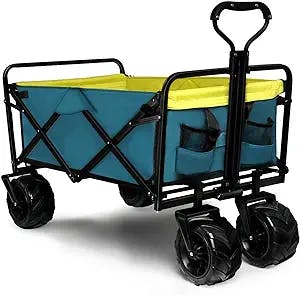 Knowlife Collapsible Wagon, Beach Wagon with Big Wheels for Sand, Beach Cart with Retractable Handle, Utility Wagon Cart Heavy Duty for Beach Shopping Sports, Blue