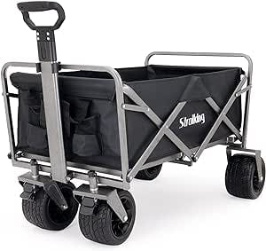 Strolking Folding Wagon Cart Collapsible Utility Camping Grocery Canvas Portable Rolling Lightweight Outdoor Garden Sports Heavy Duty Shopping Wide All Terrain Beach Outdoor Wagon (Black)