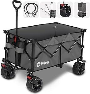 Sekey Collapsible Foldable Wagon with 220lbs Weight Capacity, Heavy Duty Folding Utility Garden Cart with Big All-Terrain Beach Wheels & Drink Holders. Grey