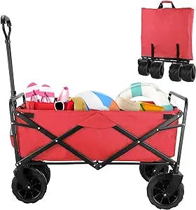 Arlopu Heavy Duty Folding Collapsible Wagon Cart with 7'' All-Terrain Wheels, Portable Utility Garden Beach Cart w/Adjustable Handle & Drink Holders for Shopping, Park, Camping, Grocery, Sport, Picnic