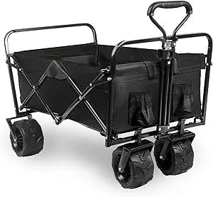 Folding Beach Wagon Cart Collapsible with Big Wheels for Sand, Heavy Duty Foldable All Terrain Wagons, Large Capacity Adjustable Handle Sturdy Portable Canvas Camping Cart Black