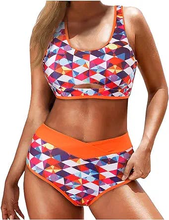 SNKSDGM Bathing Suit for Women Tankini Swimsuits Athletic Cropped Tops with Boyshorts Modest Retro High Waisted Two Piece