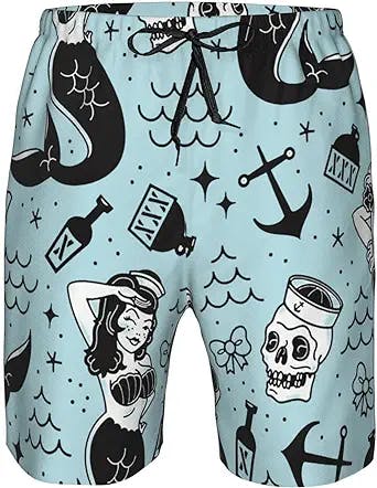 Surf in Style with SARA NELL Mens Mermaid and Skull Swim Trunks Board Short
