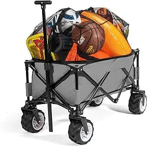 PA Beach Wagon Heavy Duty Collapsible Wagon with Big Wheels for Sand Foldable Wagon Garden Cart with Removable Mesh Cover Easy Fold Up, Grey