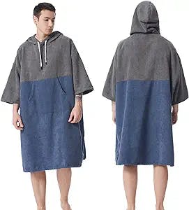 MUTAO Color Blocking Surf Poncho Changing Towel,3/4 Sleeve Changing Robe with Hood for Surfing Swimming Water Sports(Grey+Navy)