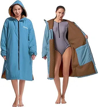 Hiturbo Swim Parka-Waterproof Changing Robe Windproof Surf Poncho Warm Oversized Coat with Hood Thicken Lining