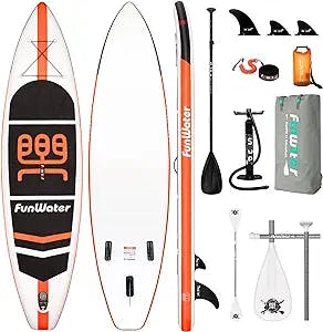 FunWater Stand Up Paddle Board 11'x33''x6'' Ultra-Light (20.4lbs) Inflatable Paddleboard with ISUP Accessories,Three Fins,Adjustable Paddle, Pump,Backpack, Leash, Waterproof Phone Bag