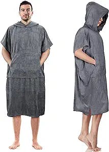 Tirrinia Microfiber Surf Beach Wetsuit Changing Towel with Hood, Super Absorbent Swim Robe Poncho for Men Women Bath Shower Pool (One Size with Pocket, Grey)