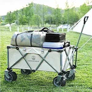 CRONDA Heavy Duty Folding Cart, Large Capacity Collapsible Wagon with Brake, Utility Cart with All Terrain Wheels for Garden,Shopping and Beach Outdoor Use(Off-White)