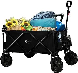 Portal Folding Collapsible Beach Wagon Utility Outdoor Camping Cart with 8" Wheels & Adjustable Handle, Large Capacity Foldable Grocery Wagon for Garden Beach Wagon, Black
