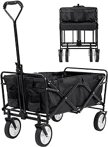 Hudada Collapsible Wagon Foldable Heavy Duty Steel Utility Outdoor Beach with Big Wheels for Sand, Garden Cart Grocery 360 Degree Swivel and Adjustable Handle, Black