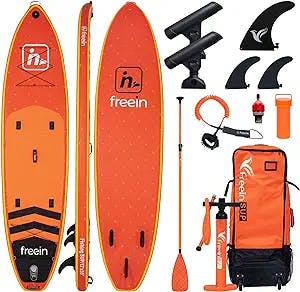 Freein 11’6”/12' Extra Wide Inflatable Fishing SUP, Stand Up Paddle Board for Anglers, Dual-Action Pump, Fiberglass Paddle, Rod Holder, Pump Adaptor, Camera Mount, Complete Kit, 2-Year Warranty