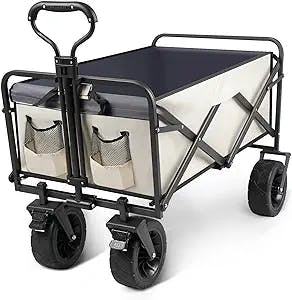 COOZMENT Collapsible Wagon with Big Wheels,Beach Wagon with 280lbs Weight Capacity,Heavy Duty Folding Wagon Cart,Utility Garden Car with All Terrain Wheels,Adjustable Handle,Beach Outdoor(Beige)