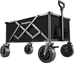 Homgava Foldable Wagon Cart with Big Wheels Heavy Duty Collapsible Utility Wagon for Grocery Shopping Outdoor Camping Push Pull Wagon Folding Beach Wagon with Brakes for Sand Black