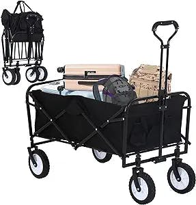 Collapsible Folding Wagon Portable Beach Wagon Utility Shopping Cart Heavy Duty Garden Cart Lounge Wagon Grocery Cart with Adjustable Handle for Grocery, Garden, Beach, Sport, Shop, Camping, Black