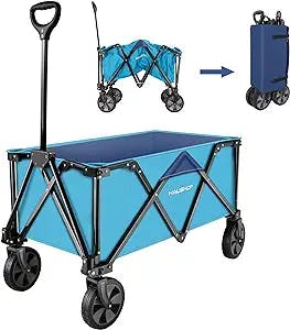 HAUSHOF Heavy Duty Collapsible Wagon, Folding Outdoor Utility Wagon, Camping Garden Beach Cart with Universal Quick Release Wheels, Adjustable Handle, 176 lbs Load Capacity, Blue