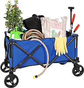 PA Collapsible Garden Wagon Heavy Duty Foldable Pull Cart, Camping Beach Wagon, Utility Large Capacity Grocery Outdoor Sports Cart with All-Terrain Rubber Wheels, Blue