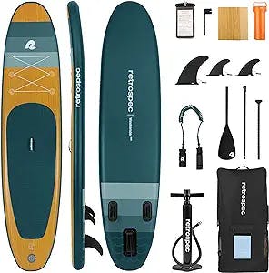 Retrospec Weekender Plus 10' Inflatable Stand Up Paddleboard Double Layer PVC iSUP Bundle w/Carrying case, 3 Piece Adjustable Aluminum Paddle, 3 Removable fins, Pump, and Cell Phone case