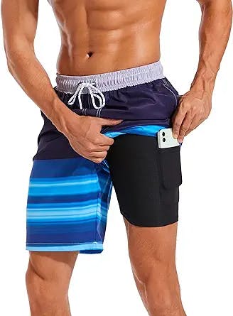 difficort Mens Swim Trunks with Compression Liner Quick Dry Bathing Suits Shorts with Zipper Pockets