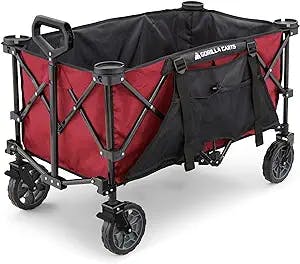 Gorilla Carts 7 Cubic Feet Foldable Collapsible Durable All Terrain Utility Pull Beach Wagon with Oversized Bed and Built in Cup Holders, Red