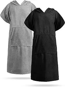 Surf Poncho 2 Pieces Changing Robe Swimming Changing Towel Beach Coverup with Hood and Front Pocket for Men Women Wetsuit, Gray, Black