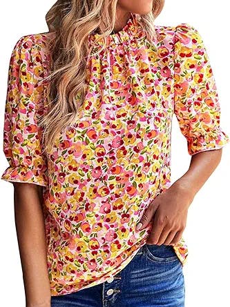 T Shirts for Women Petal Sleeve Front Cut Out Crewneck Cute Tops Summer Tee Floral Casual Dressy Ruched Tshirt Blouses