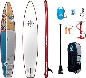Boardworks SHUBU Raven | Touring All Water Inflatable Stand Up Paddleboard | SUP Package Includes Pump, Three Piece Paddle and Roller Bag Complete Kit | 12' 6", Red/Grey/White/Wood
