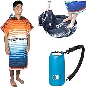 COR Surf Ultimate Beach Bundle Changing Poncho (Large Sarape), 10 Liter Waterproof Dry Bag and Wetsuit Changing Mat