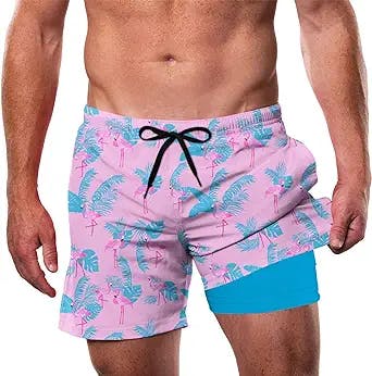 Cozople Mens Swim Trunks with Compression Liner 5.5'' Quick Dry Bathing Suit Swimwear Boxer Brief Lined Swim Shorts