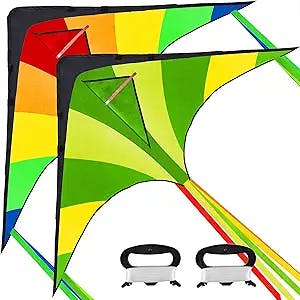 JOYIN 2 Packs Large Delta Kite Green and Rainbow Kite Easy to Fly Huge Kites for Kids and Adults with 262.5 ft Kite String, Large Delta Beach Kite for Outdoor Games and Activities