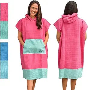 Sea Aloha Surf Poncho Women - Towel Poncho - Hooded Towel Adult - Changing Poncho – 100% Cotton Towel Poncho - Poncho Beach Towel - Surf, Beach, Pool, Boat (Hot Pink/Sea Green)