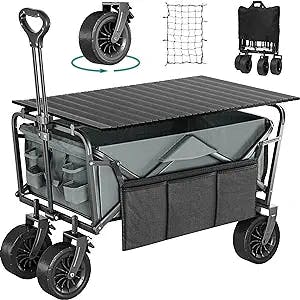 YITAHOME Utility Folding Wagon Camping Park Wagon Cart Portable Collapsible Garden Cart with Roll Table Plate, 2 Drink Holders, Side Storage Pocket, for Sports, Outdoor, Garden, Fishing, Gray