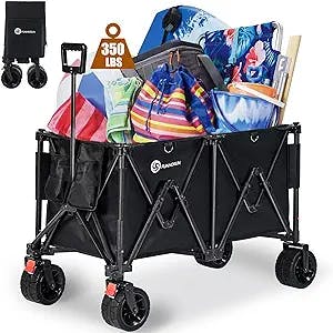 FUNHORUN Collapsible Wagon, Heavy Duty Beach Wagon Carts Foldable with Big Detachable PU Wheels for Sand, All Terrain Garden Carts with Brake for Grocery, Outdoor, Load up to 350LBS 250L, Black