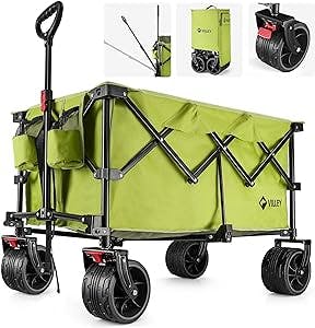 VILLEY Collapsible Folding Wagon with Big Wheels, All Terrain Beach Wagon Cart Heavy Duty Foldable for Sand, Enlarged 225lbs Capacity, Portable Utility Garden Cart with 2 Cup Holders and Brake, Green